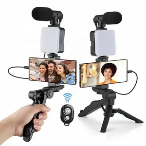 Kit de vídeo para câmera e celular, kit de vídeo com tripé de polvo, luz LED, microfone, tripé para mãos, kit de iluminação de vídeo, bastão para selfies