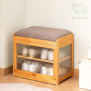 Home Furniture Display Rack Storage Cabinet Organizer Seat Cushion Double-Layer Bamboo Wood Shoe Rack with Windows - Product Image 1