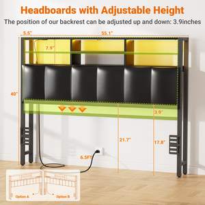 Tête de <span class=keywords><strong>lit</strong></span> pour <span class=keywords><strong>lit</strong></span> double avec rangement, rembourrée, avec prises USB et éclairage LED, réglable en hauteur, noire - Product Image 2