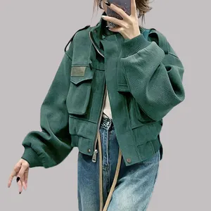 Winter High Quality Custom Women's Solid Color Heavyweight Zip Up Jacket Fashion Cropped Fitted Bomber Jacket For Women