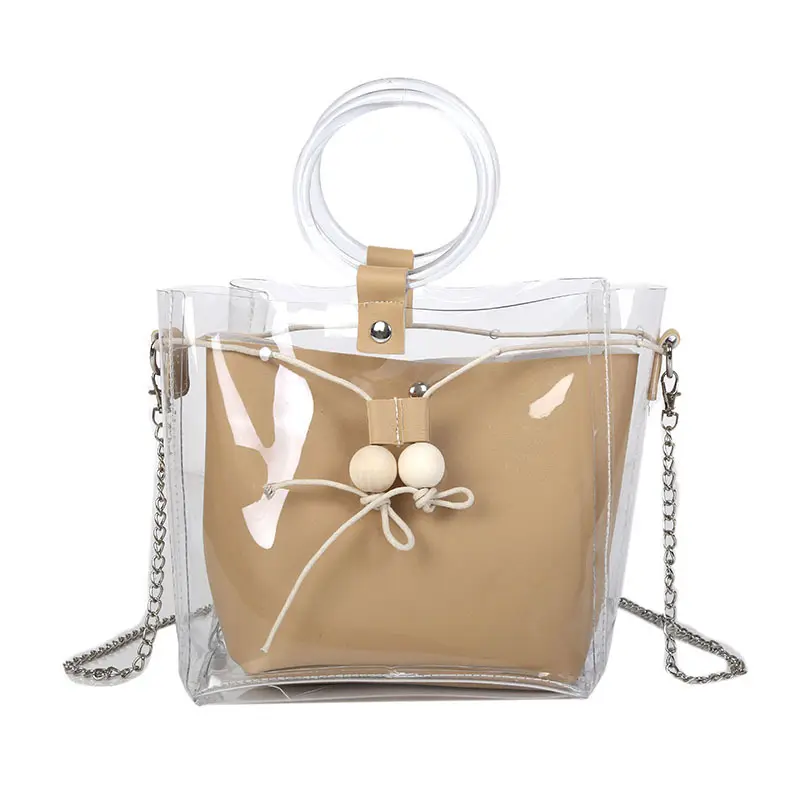 Custom pvc handbag with pu leather pouch and acrylic handle,round box transparent tote drawstring tpu clear jelly bucket bag