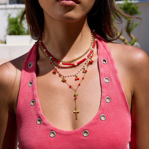 Layered Gold Tone Necklace <b>With</b> <b>Cross</b> Heart Pendant Y <b>Chain</b> Design Multi Strand Jewelry Unisex Fashion Statement Piece - Product Image 3