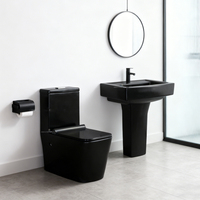 Ensemble WC sans bride et lavabo sur colonne en céramique pour salle de bain, modèle carré monobloc à chasse directe, idéal pour les projets hôteliers