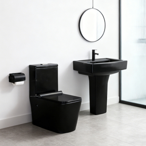 Ensemble WC sans bride et lavabo sur colonne en céramique pour salle de bain, modèle carré monobloc à chasse directe, idéal pour les projets hôteliers - Product Image 4