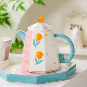 Cute Porcelain <b>Tea</b> <b>Pot</b> <b>Set</b> Hand Printed Flower Teapot and 4 Cups <b>Set</b> for <b>Tea</b> Party - Product Image 3