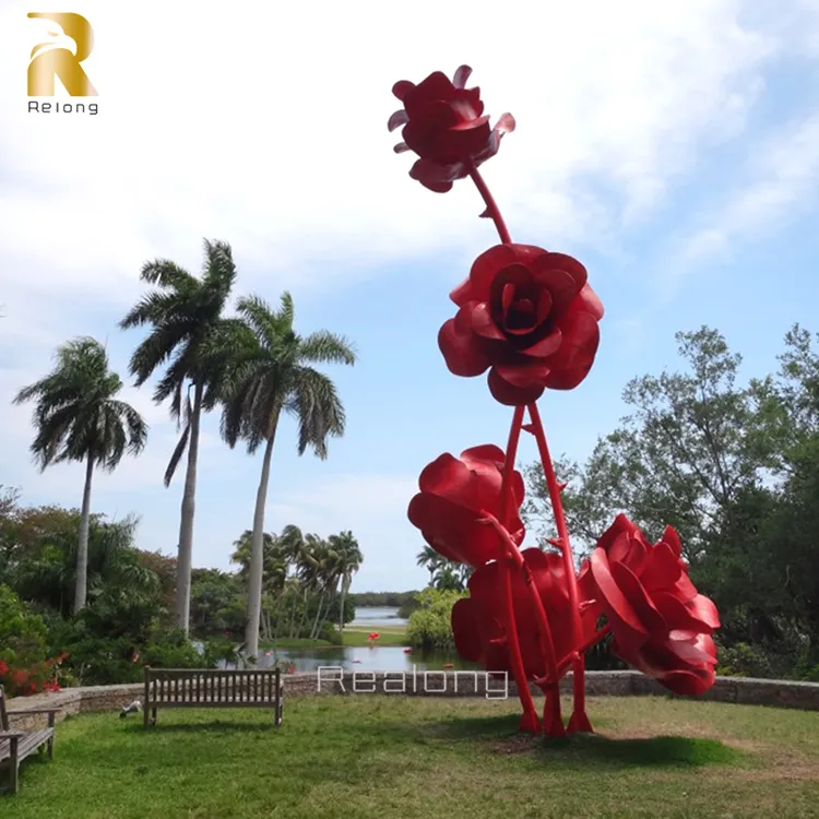Modern Outdoor Abstract Stainless Steel Rose Flower Garden Sculpture Metal Statue