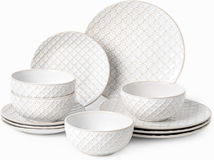 High Quality 24Pcs Embossed White Porcelain <b>Stoneware</b> <b>Dinnerware</b> <b>Set</b> Classic European Style Ceramic Tableware Microwave Portable - Product Image 4