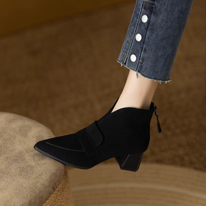 Bottines à bout pointu pour femmes, talon bloc, en <span class=keywords><strong>daim</strong></span>, avec détail de sangle en V, fermeture éclair arrière, <span class=keywords><strong>bottes</strong></span> tendance, <span class=keywords><strong>marron</strong></span> foncé - Product Image 3
