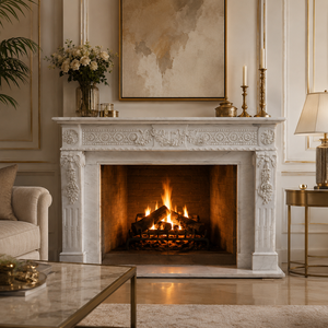 Traditional Marble Fireplace Mantel With Ornate Carving white Stone Indoor Wood Burning Hearth For Dining Room - Product Image 6