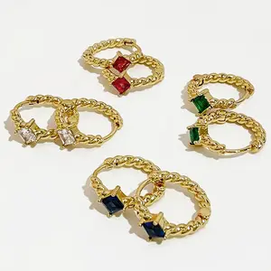 E0293 Vintage bunte CZ Stein Twisted String Button Creolen für Frauen Classic Green Red Blue Clear Square Zirkon Ohrringe