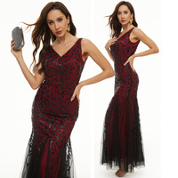 Robe de soirée sirène à col en V et sequins, broderie feuille en polyester, ourlet en tulle, pour soirée formelle, bal de promo ou mariage - Meilleures ventes