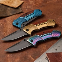 Petit couteau pliant de chasse EDC F81 en acier inoxydable 3Cr13 avec manche en bois, revêtement titane, pointe harpon, pour camping, vente en gros OEM