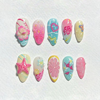 Ongles en amande thème plage faits à la main, 10 pièces, roses, avec fleurs 3D, étoiles de mer, tranches de citron et pois, pour l'été