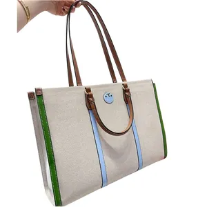 high end fashion women leather handle designer flat bottom canvas tote bag lady shopping beach shoulder bag inner pocket