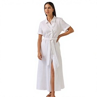 Gaun Kemeja Putih 100% Linen untuk Wanita - Gaun Maxi Lengan Pendek Kancing Depan dengan Belahan Samping & Ikat Pinggang, Bahan Bernapas untuk Musim Panas
