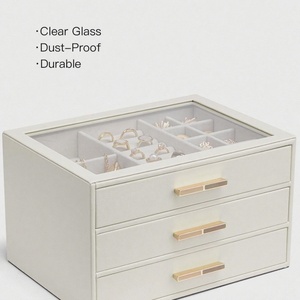 Wholesale Luxury Multi-Drawer Wooden Jewelry <b>Box</b> Organizer for Women Large Glass Lid and Square Pattern for Storing Rings - Product Image 3