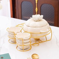Grand ensemble de marmites à soupe en céramique motif floral citrouille, à double poignée, motif végétal sculpté à la main, style luxe léger vintage, avec support doré