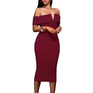 Clothing Supplier Women's Sexy V Neck Off the Shoulder Vintage Lady Elegant Bodycon Club Midi Dress