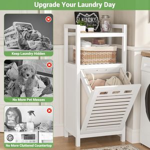 Tilt-Out Bathroom <b>Storage</b> Bamboo Shelf with Laundry Hamper Basket - Product Image 4