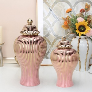 Vase à fleurs en céramique haut de gamme, style pot à gingembre chinois, en porcelaine de luxe, avec couvercle, à nervures dorées, pour la décoration intérieure - Product Image 1