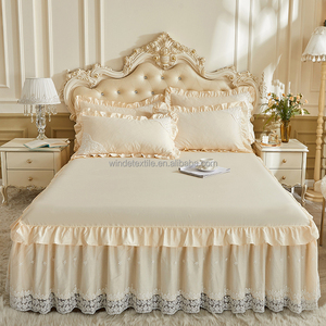 無地コットンプリンセススタイルレーストリムシングルベッドスカートマイクロファイバー二重層フリルマットレスプロテクターベッドスカートセット - Product Image 2