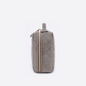 Grey Velvet Quilted Cosmetic <b>Case</b> with <b>Makeup</b> Brush Holders and Double Zippers for Women Travel Beauty Storage - Product Image 5