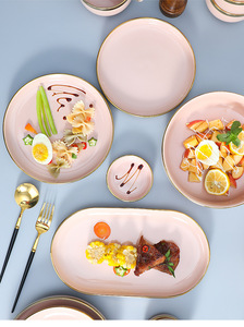 ชุดอาหารค่ำเซรามิกสีชมพูเคลือบทองหรูหราเป็นมิตรกับสิ่งแวดล้อม ลดราคาพิเศษ ขายส่ง จานและชามเคลือบสีสำหรับใช้ในครัวเรือน - Product Image 4