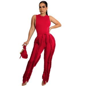 AL220 Ensemble deux pièces pour femmes avec ourlet à franges et haut court en dentelle sans manches et pantalon à jambes larges Tasse <span class=keywords><strong>Sexy</strong></span> Summer Beachwear Outfit 2 Peces Set - Product Image 5