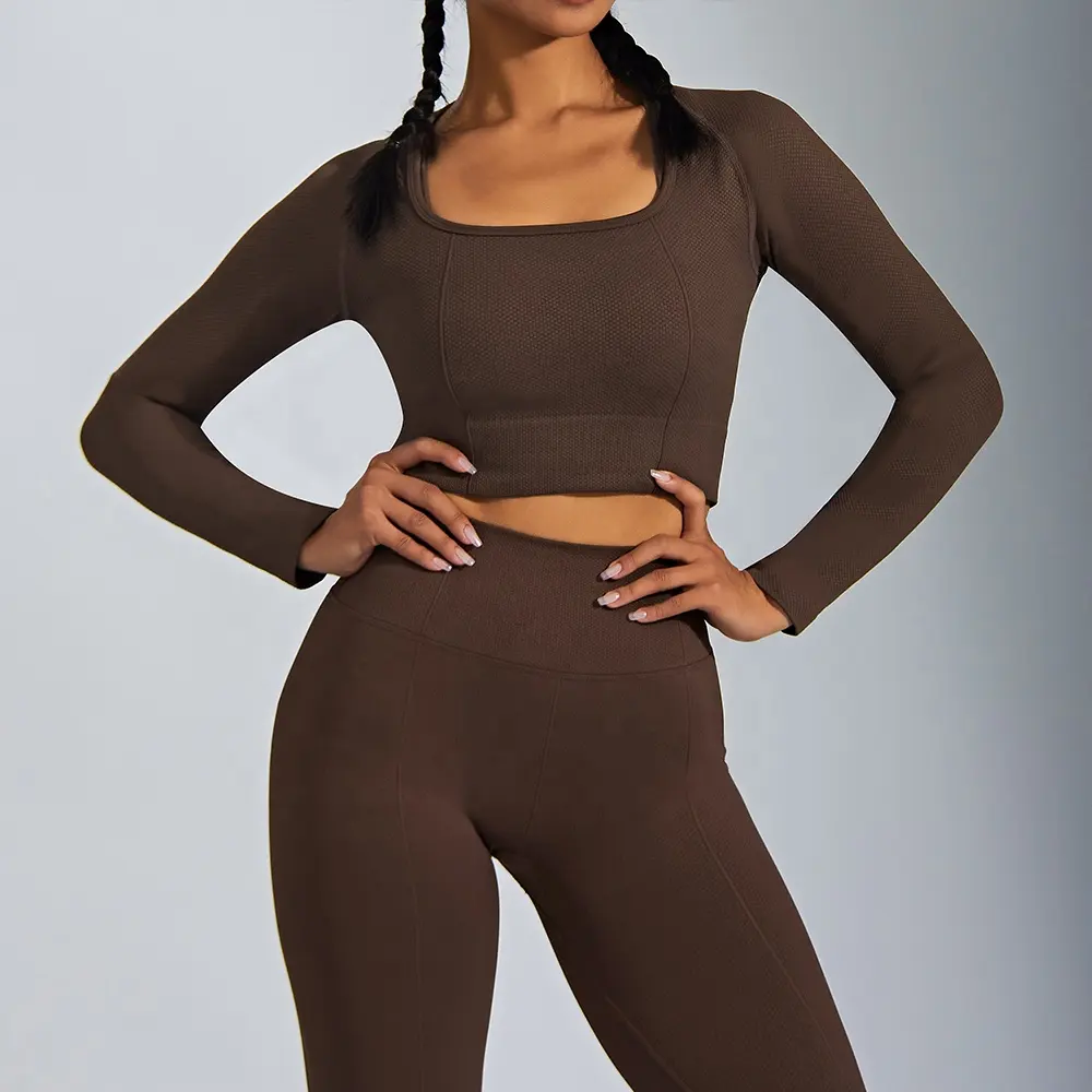 JIEJIN Custom Logo donna donna tinta unita a vita alta a compressione manica lunga Fitness senza soluzione di continuità allenamento Yoga palestra abbigliamento sportivo