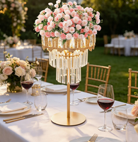 Support à fleurs en métal doré pour décoration de mariage avec pendentif en acrylique cristallin, centre de table pour mariage