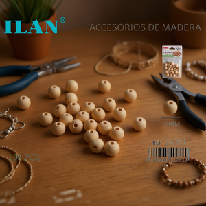 Perline in legno ILAN da 12 mm, rotonde, naturali, per la creazione di gioielli fai da te e accessori. - Product Image 3
