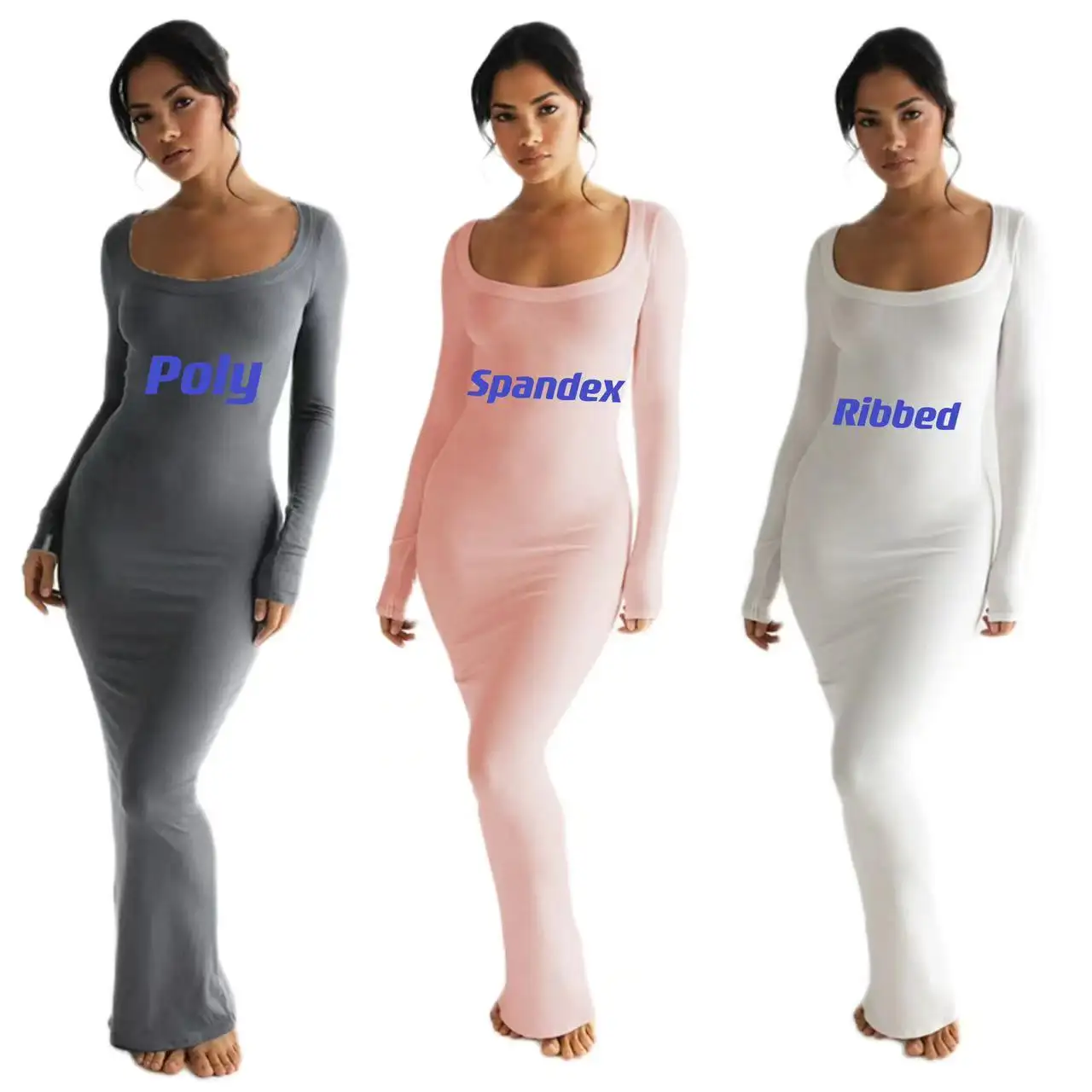 faldas para ropa de mujer poly spandex ribbed long sleeves scoop neck long maxi dressed prom evening night dresses for woman