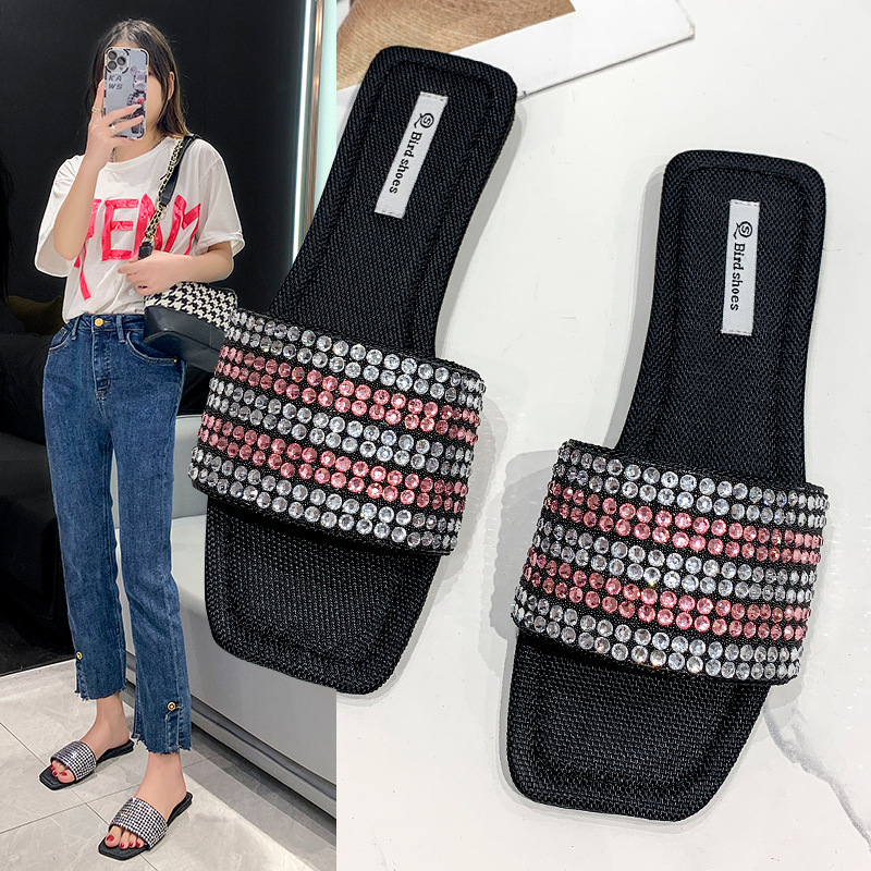 2023 Women Rhinestone Flat Sandals Slippers Square Head Casual Slide Summer Beach Shoes