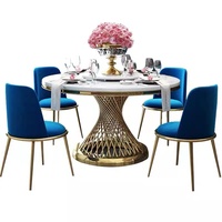 Table de salle à manger ronde de luxe moderne en acier inoxydable doré avec plateau tournant et ensemble de 6 chaises pour hôtel et villa, assemblée