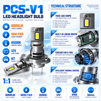 Ampoule de phare LED PCS-V1 60W H7 6000LM 56mm ultra compacte, remplacement halogène, homologuée DOT E-mark, IP68, avec ventilateur intégré
