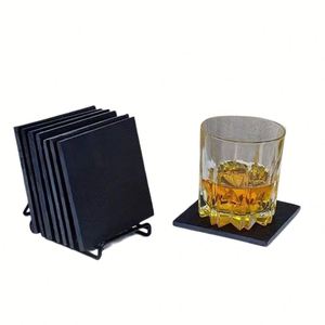 Factory Wholesale Custom LOGO Stone Coffee Drink Mug <b>Placemat</b> Set Bulk Square <b>Black</b> Slate <b>Coasters</b> With Holder - Product Image 3