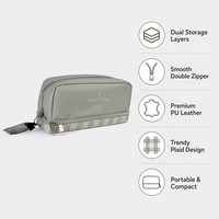 Trousse de Maquillage Multi-Compartiments Miss Grey à Carreaux avec Double Fermeture Éclair, Pochette de Voyage Portable pour Femmes
