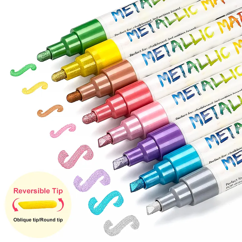 Venta caliente de alta calidad líquido tiza marcadores 8 colores metálicos doble cabeza arte rotuladores Plumones De Colores