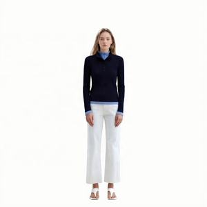 Pull en tricot à col montant vintage bleu pour femmes, manches longues, polyester/nylon, deux pièces, avec bouton, patchwork, vêtements d'extérieur - Product Image 1