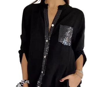 Custom Elegant <strong>Ladies</strong> Sexy Shirts Casual <strong>Top</strong> Long Sleeve Turn-down Collar <strong>Glitter</strong> Sequin Shirts Black Women Shirts 2026 - Product Image 1