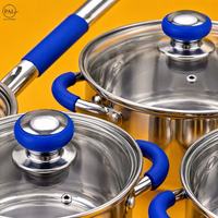 Ensemble de casseroles en métal classique de 15 pièces avec poignées en silicone bleues, couvercles en verre, ustensiles, marmite et poêle (16-24 cm) pour la cuisine à domicile