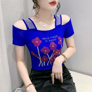 Nueva Blusa Corta de Mujer <span class=keywords><strong>con</strong></span> Hombros Descubiertos y <span class=keywords><strong>Espalda</strong></span> Estilizada, de Doble Capa de Seda Helada <span class=keywords><strong>con</strong></span> Pedrería Exquisita y Manga Corta - Product Image 4