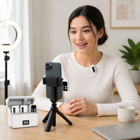 Nouveau Micro Cravate Sans Fil 2.4G 2-en-1 2025 avec Boîtier de Charge, Plug and Play, Réduction du Bruit pour iPhone Android et Streaming