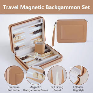 Jeu de backgammon magnétique <span class=keywords><strong>classique</strong></span> de 9 pouces, jeu de voyage portable, plateau de backgammon en cuir PU avec 32 pièces en bois et 5 dés - Product Image 6
