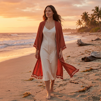 Ensemble robe et kimono bohème à franges en satin pour femme, tenue décontractée à manches longues