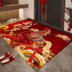 Alfombra de entrada de terciopelo belga con diseño de caballo de Año Nuevo, rectangular, roja, resistente a las manchas, lavable, para el Año Nuevo Chino - Product Image 1