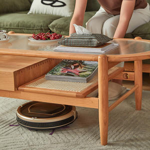 Mesa de Centro de Madera Maciza Estilo Nórdico, Madera de Cerezo, Tapa Ovalada de Vidrio con Cajón, Diseño Minimalista Japonés, Mesa de Té para Apartamentos Pequeños - Product Image 4