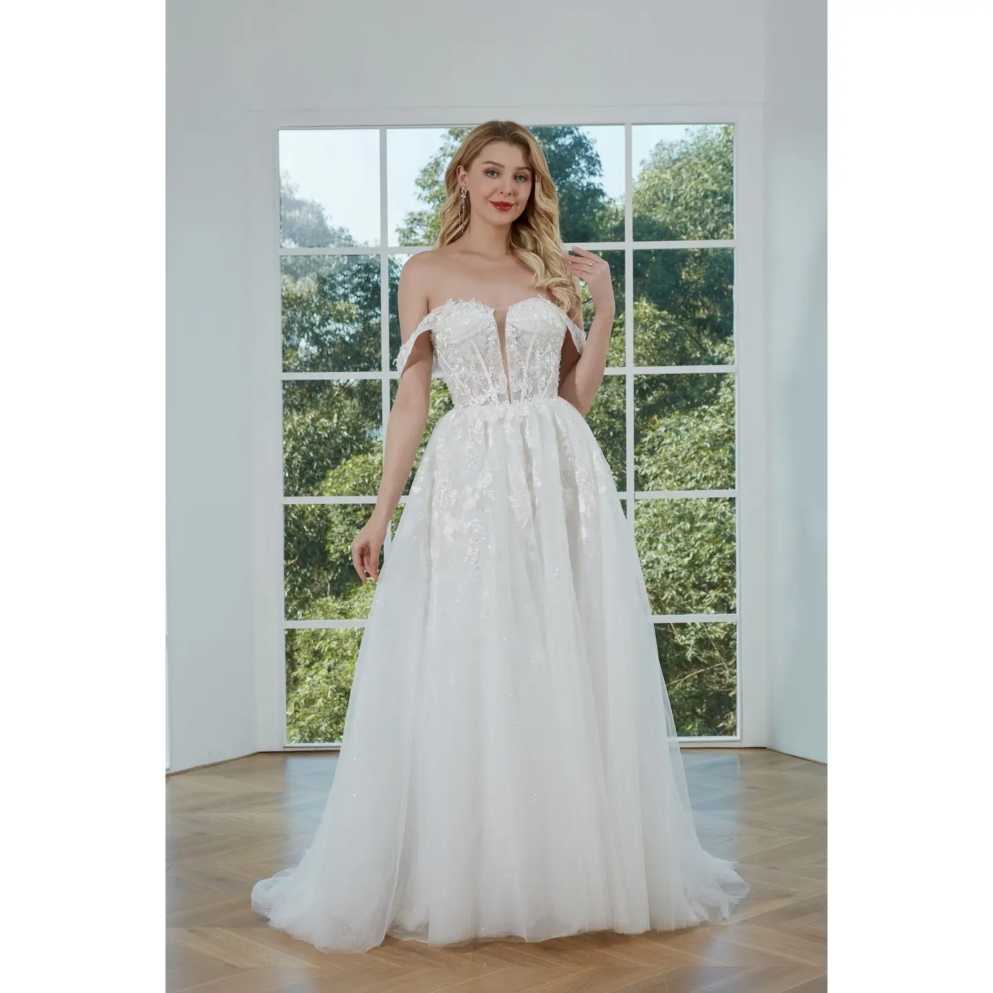 WT4294 A-Line Off-Shoulder Bridal Gowns With Lace Applique Illusion Top Beach Wedding Dress