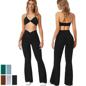 Conjunto de sutiãs de ioga sexy para mulheres, calças de ginástica com bolsos flares, leggings apertadas para ioga, sem bico de camelo, roupa de ginástica para academia, atacado