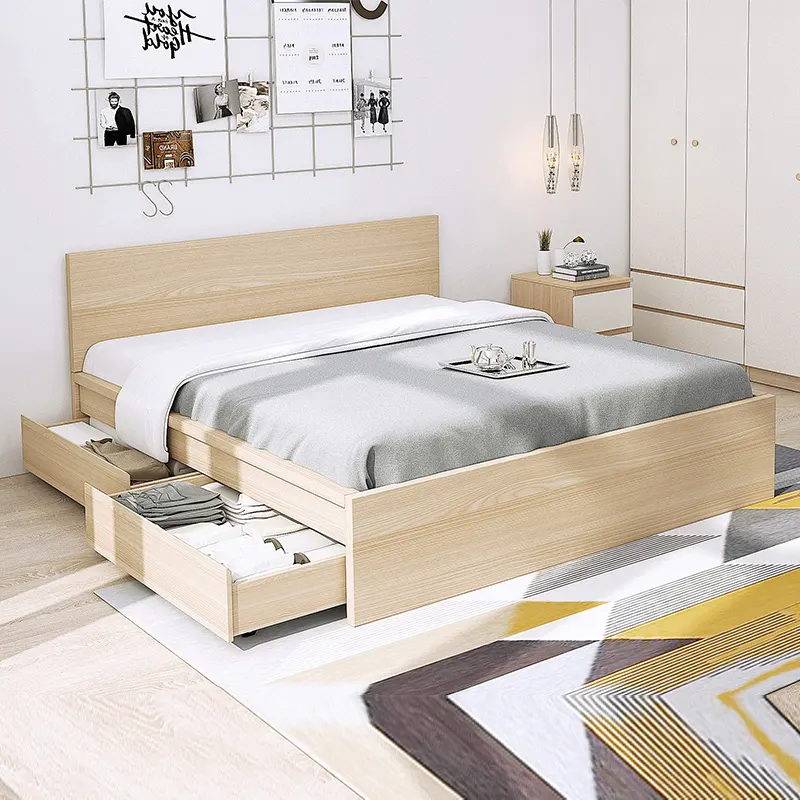 Wooden Bed with 4 Drawers Bedroom Furniture, Home Hotel Modern Queen King Size Frame